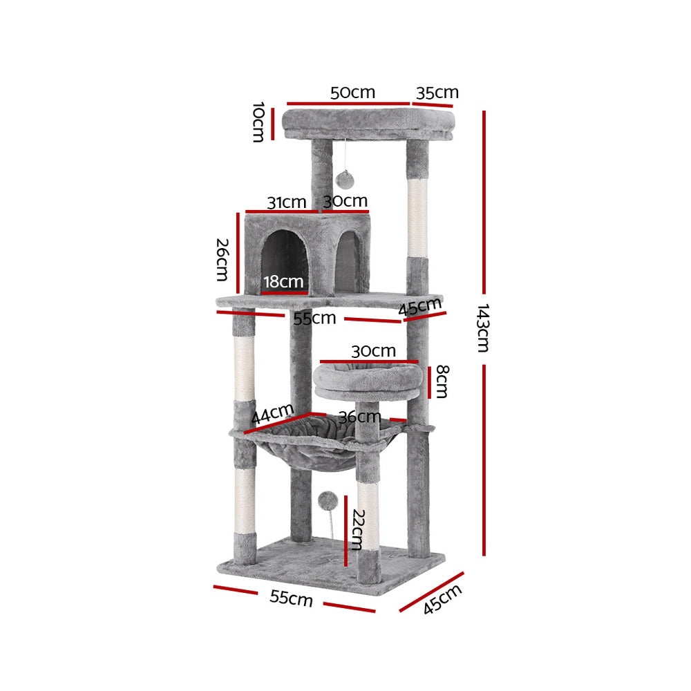 i.Pet - 143cm Cat Tree Tower with Scratching Post, Condo, and Toys - Light Grey