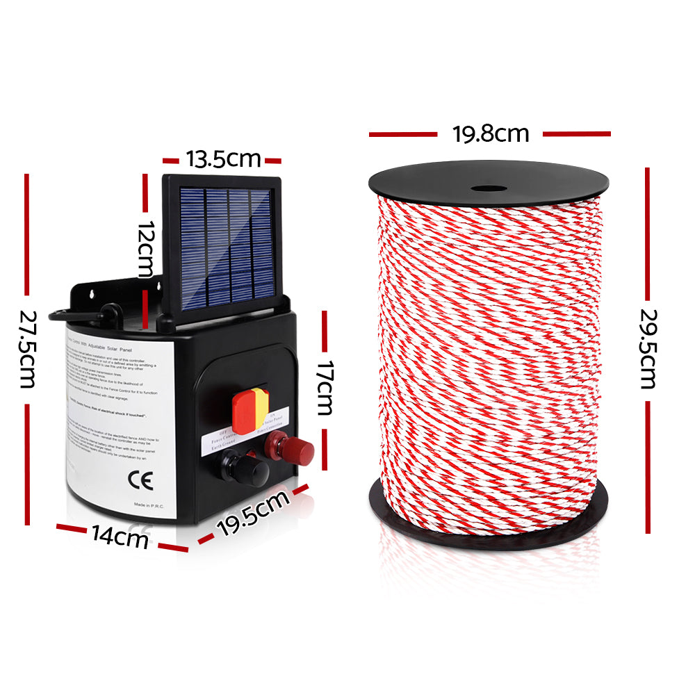 Giantz - Fence Energiser 3KM Solar Powered Electric with 500M Poly Rope