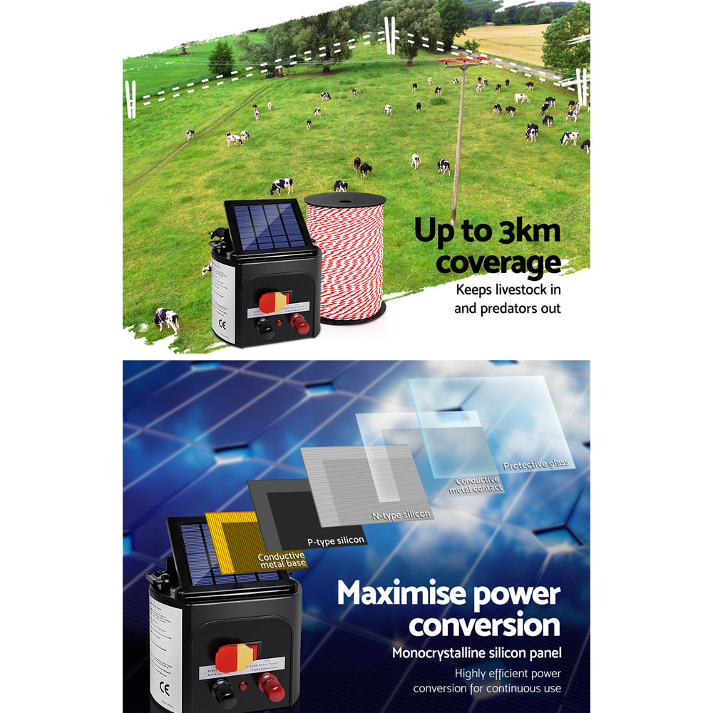Giantz - Fence Energiser 3KM Solar Powered Electric with 500M Poly Rope