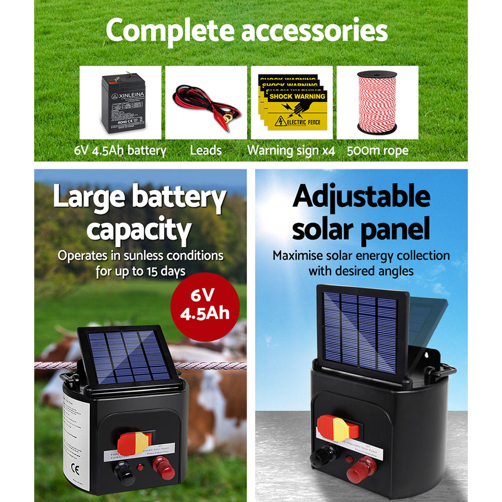 Giantz - Fence Energiser 3KM Solar Powered Electric with 500M Poly Rope