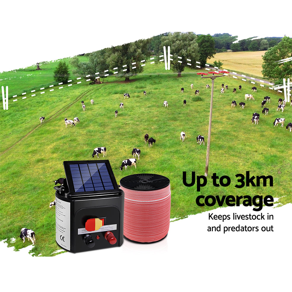 Giantz - Fence Energiser 3KM Solar Powered Electric with 1200M Poly Tape