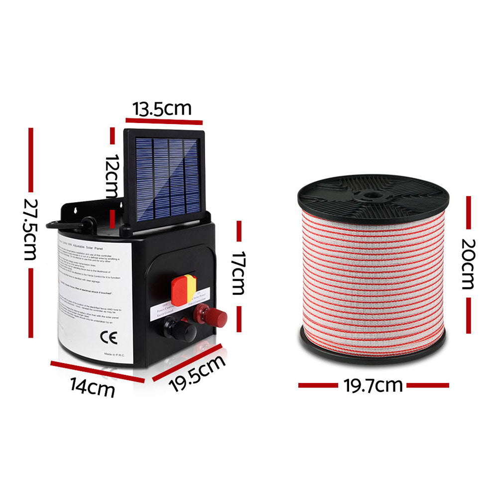 Giantz - Fence Energiser 3KM Solar Powered Electric with 400M Poly Tape and Insulators