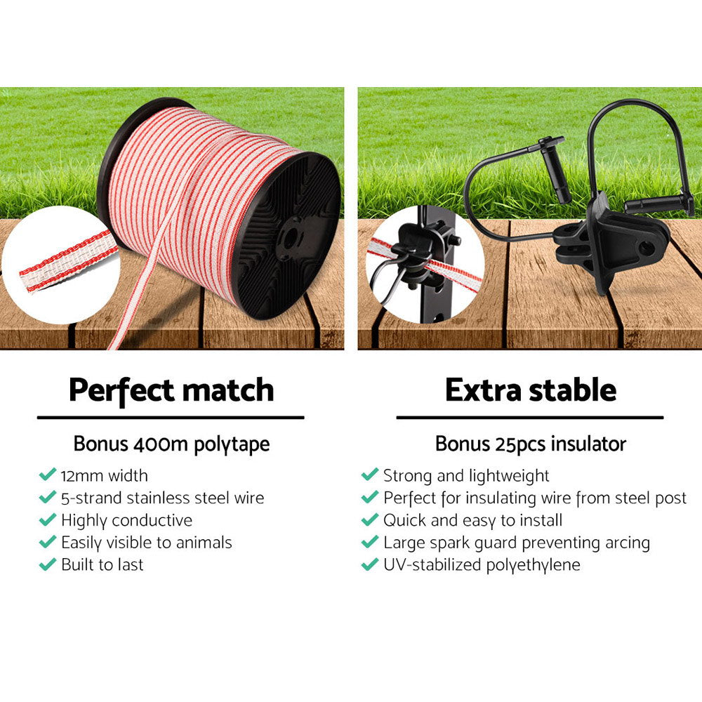 Giantz - Fence Energiser 3KM Solar Powered Electric with 400M Poly Tape and Insulators