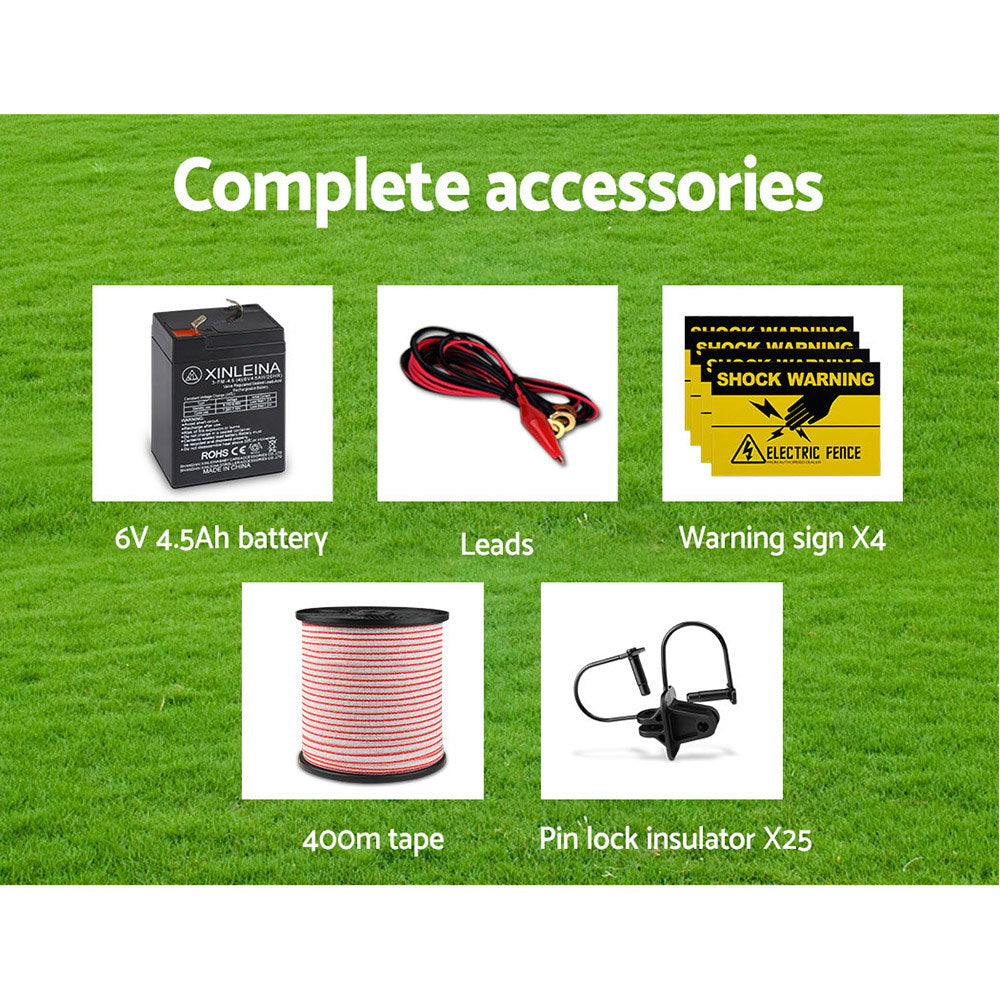 Giantz - Fence Energiser 3KM Solar Powered Electric with 400M Poly Tape and Insulators