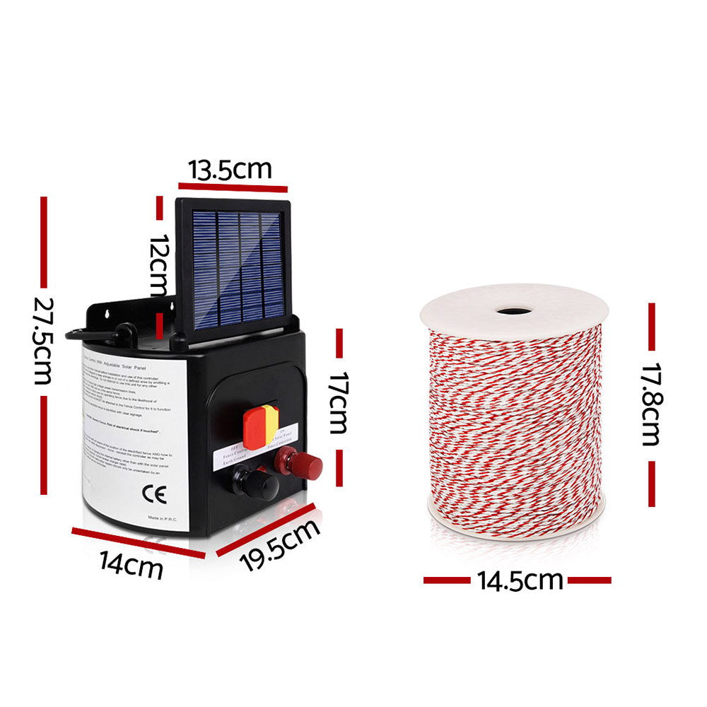 Giantz - Fence Energiser 3KM Solar Powered Electric with 500M Poly Wire and Insulators