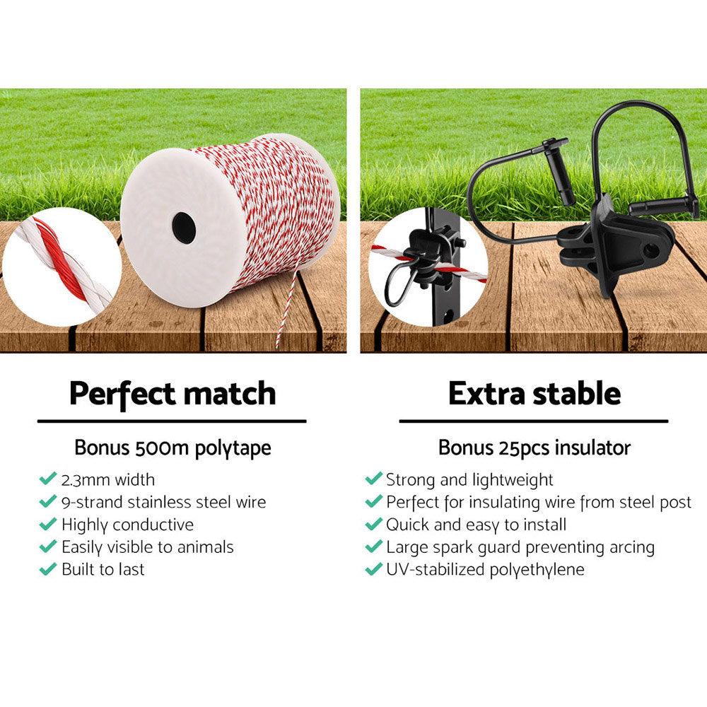 Giantz - Fence Energiser 3KM Solar Powered Electric with 500M Poly Wire and Insulators