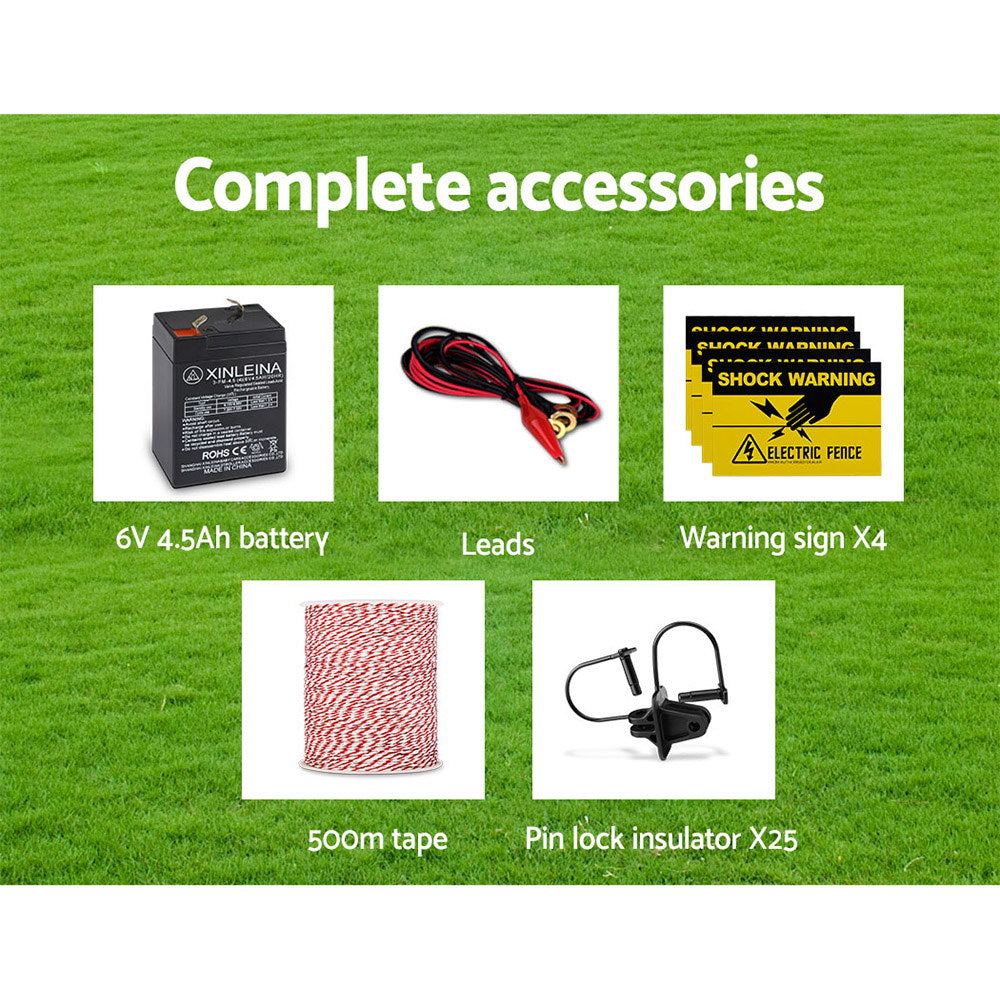 Giantz - Fence Energiser 3KM Solar Powered Electric with 500M Poly Wire and Insulators