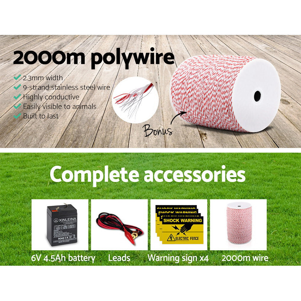 Giantz - Fence Energiser 3KM Solar Powered Electric with 2KM Poly Wire