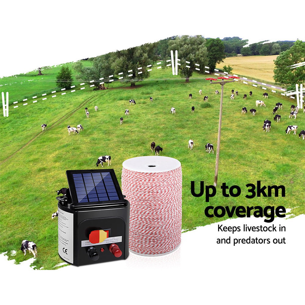 Giantz - Fence Energiser 3KM Solar Powered Electric with 2KM Poly Wire