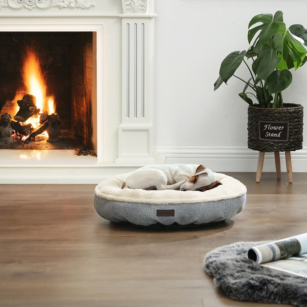 FEANDREA - 55cm Dog Sofa Bed Round Shape Fabric - Grey