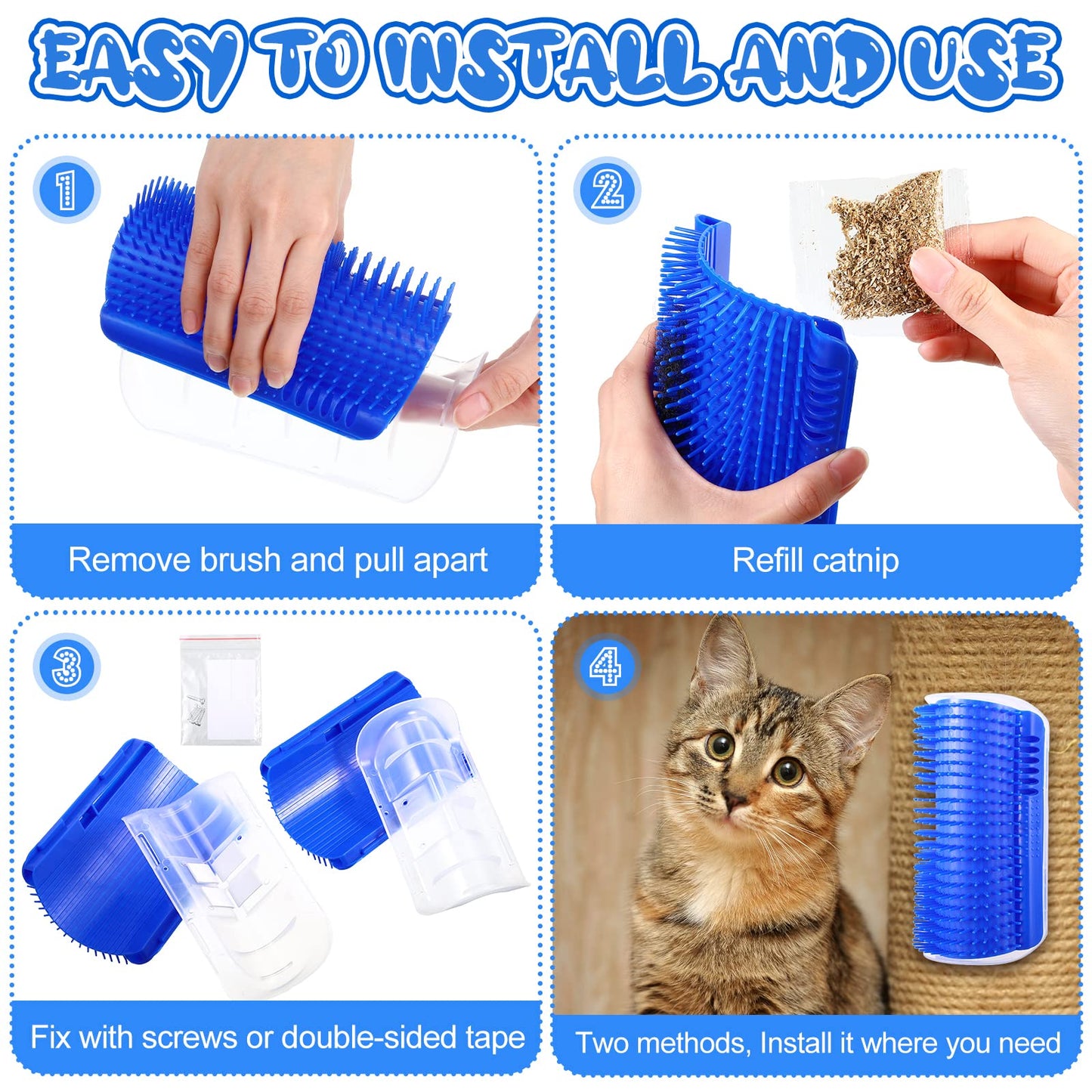 Cat Self Groomer Catnip Dog Cat Toy Corner Groomer Wall Corner Scratcher Comb Grooming Massage Brush - Blue