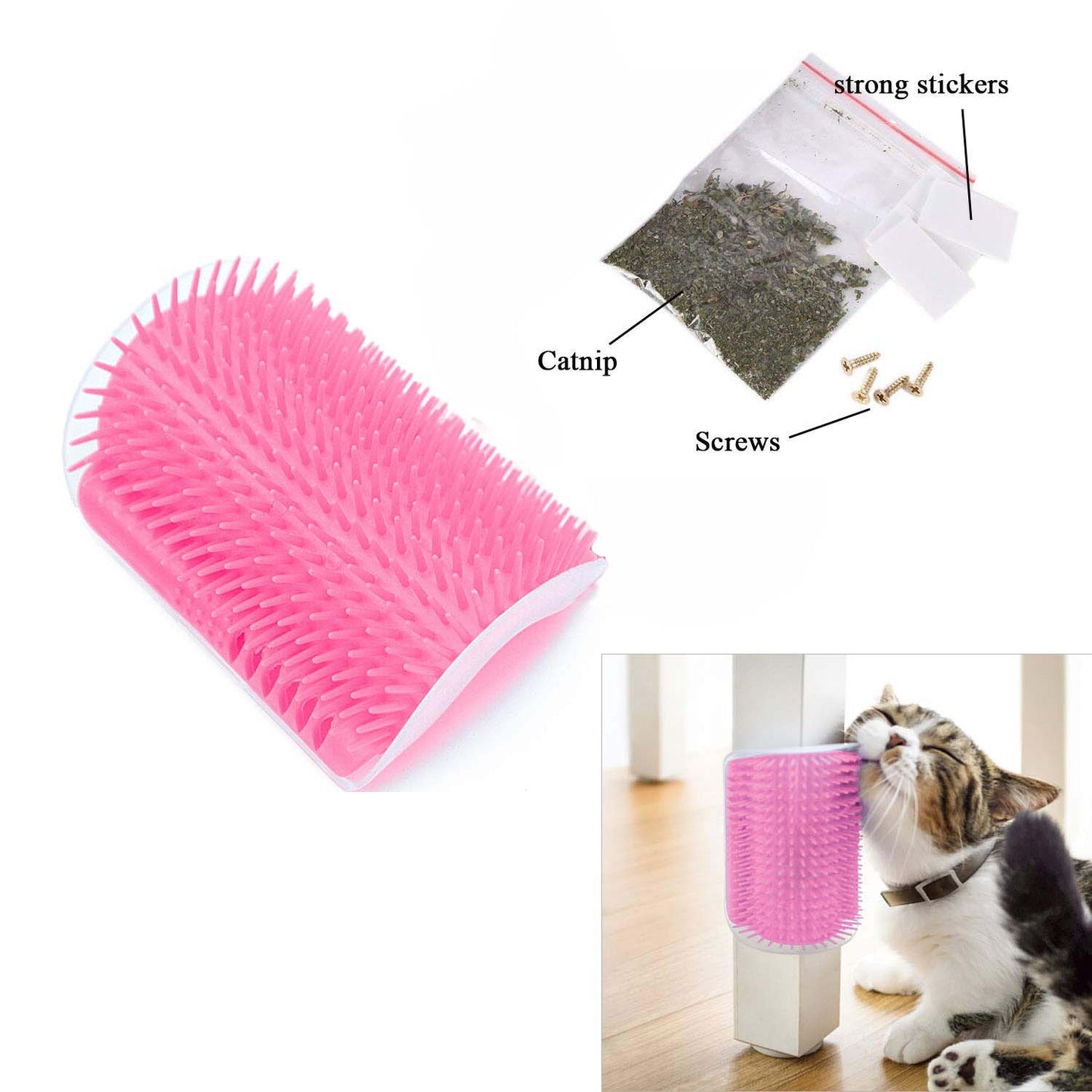 Cat Self Groomer Catnip Dog Cat Toy Corner Groomer Wall Corner Scratcher Comb Grooming Massage Brush - Pink