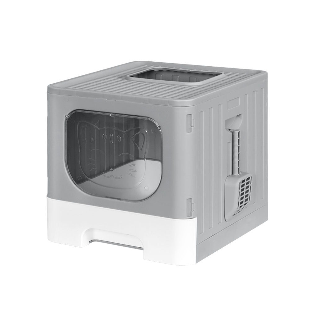 i.Pet - Enclosed Cat Litter Box with Foldable Hood and Scoop - Grey