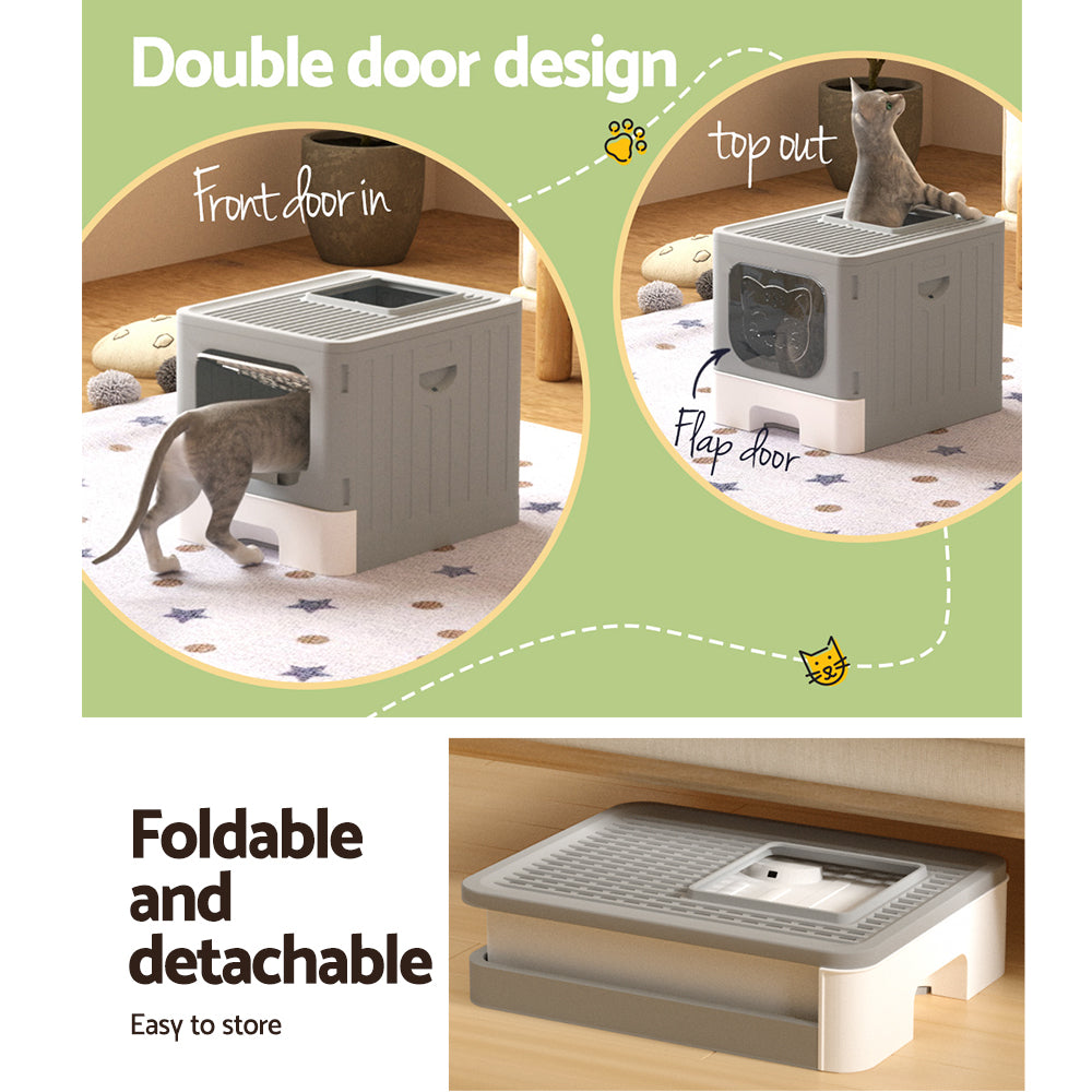 i.Pet - Enclosed Cat Litter Box with Foldable Hood and Scoop - Grey