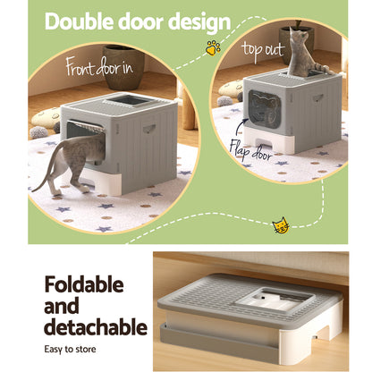 i.Pet - Enclosed Cat Litter Box with Foldable Hood and Scoop - Grey