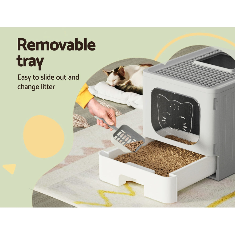 i.Pet - Enclosed Cat Litter Box with Foldable Hood and Scoop - Grey