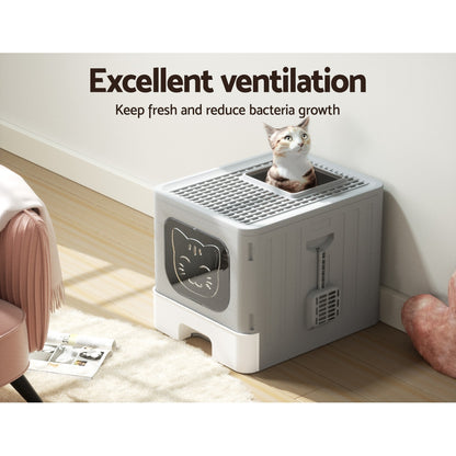 i.Pet - Enclosed Cat Litter Box with Foldable Hood and Scoop - Grey
