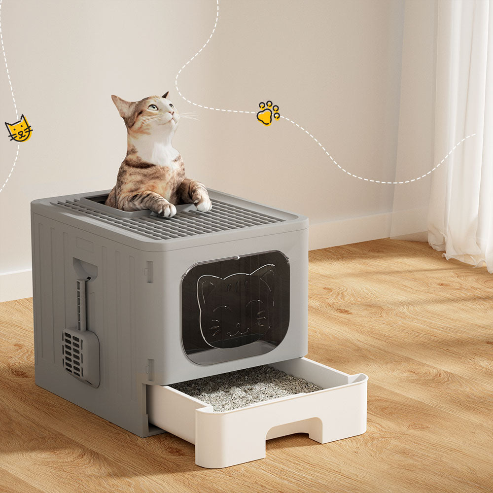 i.Pet - Enclosed Cat Litter Box with Foldable Hood and Scoop - Grey