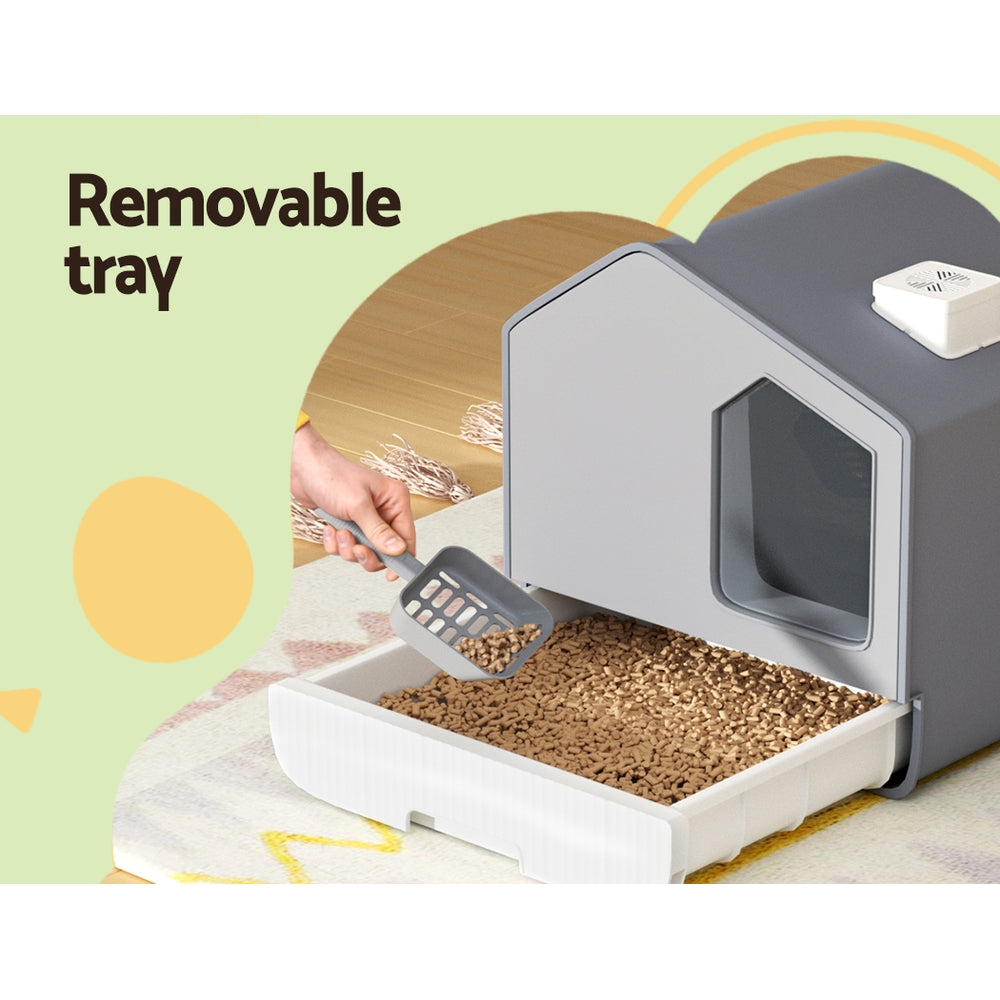 i.Pet - Enclosed Cat Litter Box with Hood, Scoop, and Mat - Grey