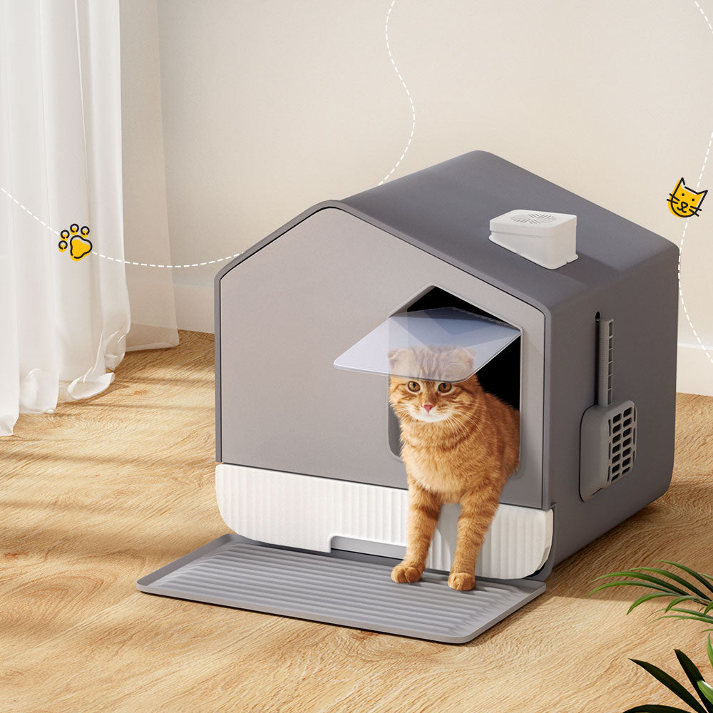 i.Pet - Enclosed Cat Litter Box with Hood, Scoop, and Mat - Grey