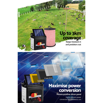 Giantz - Fence Energiser 3KM Solar Powered Electric with 500M Poly Rope