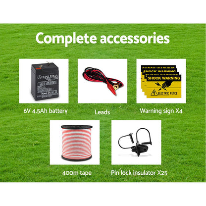 Giantz - Fence Energiser 3KM Solar Powered Electric with 400M Poly Tape and Insulators