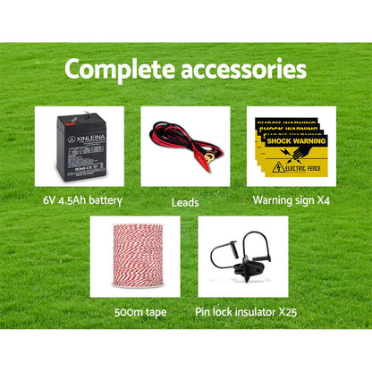 Giantz - Fence Energiser 3KM Solar Powered Electric with 500M Poly Wire and Insulators