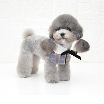 Dog Shawl Small Cloak Pet Bow Ttie Saliva Towel Pet Accessories - Size M - Gray Yellow Grid
