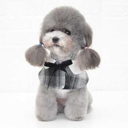 Dog Shawl Small Cloak Pet Bow Ttie Saliva Towel Pet Accessories - Size S - Navy Blue Grid