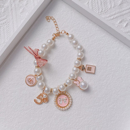 Pink 4-PCS Pearl Charm Pet Necklace - Adjustable Bowknot Collar for Small Dogs & Cats (S: 20+5CM)