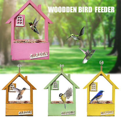 Pink Charming Wooden House Hanging Bird Feeder - Attract Wild Birds to Your Garden
